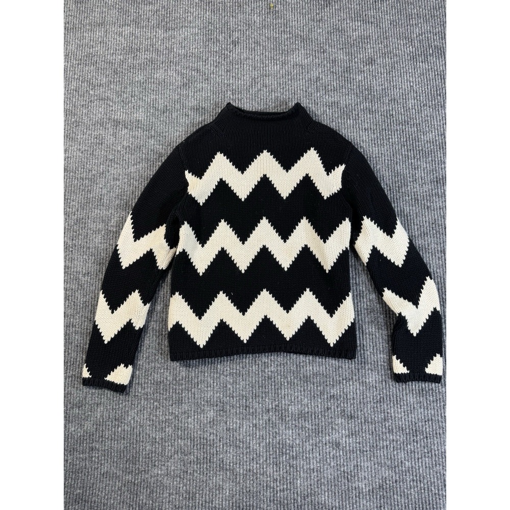 Talbots Black White Chevron Knit Mock‎ Neck  Sweater Petites S  100% Cotton